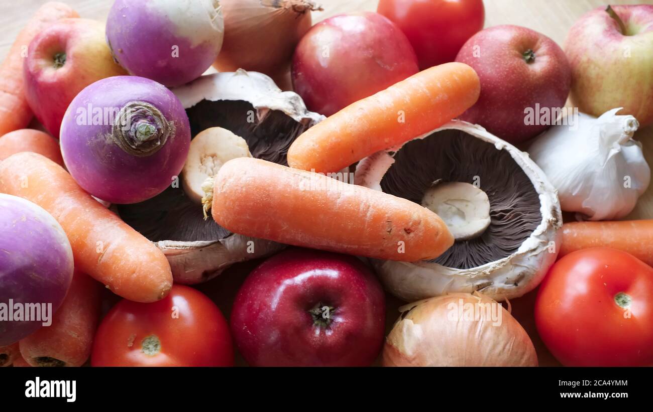 a close-up of different fruits and vegetables Stock Photo