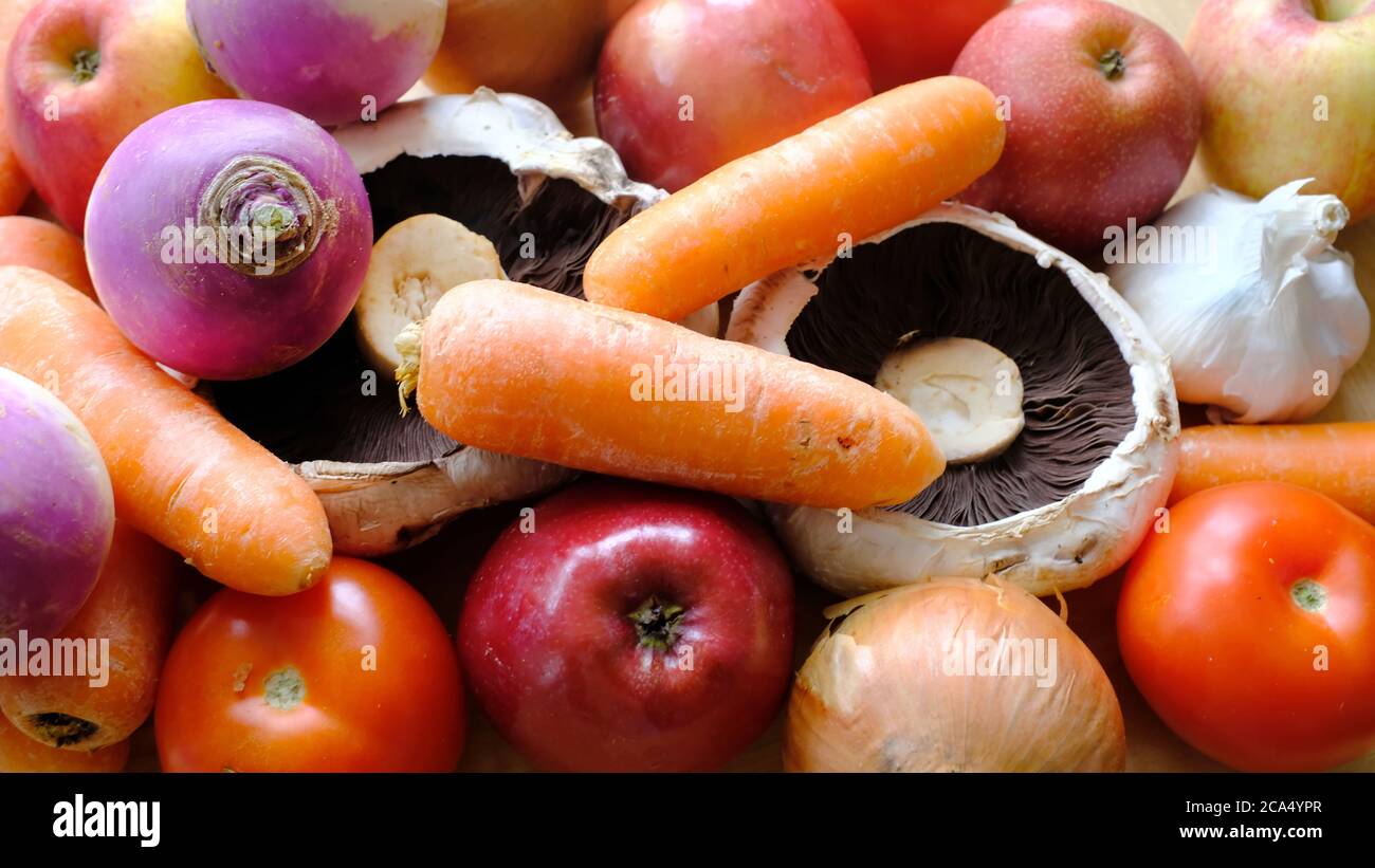 a close-up of different fruits and vegetables Stock Photo