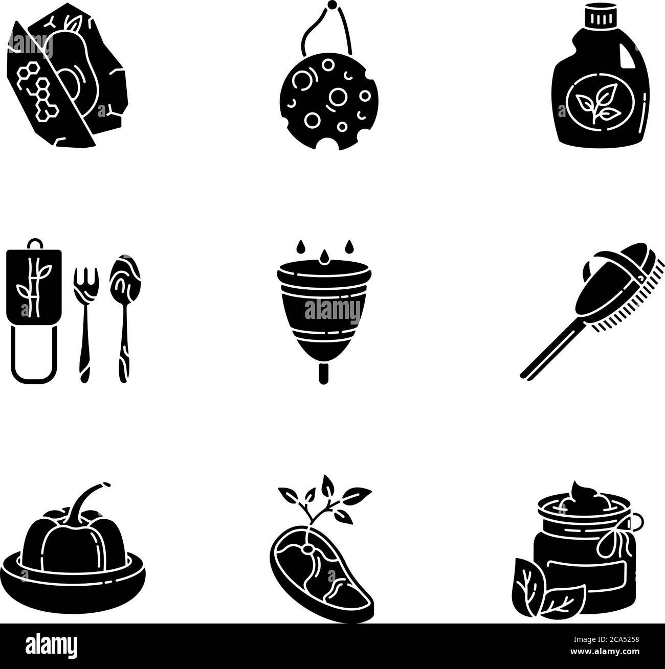 Zero waste products black glyph icons set on white space. Sustainable ...