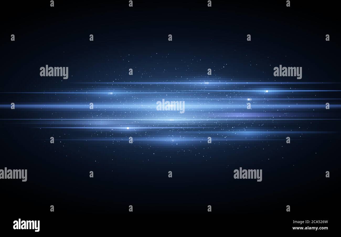 Horizontal blue light effect made of blue glowing neon lines. Futuristic scanner effect with sparkles particles. Stylish footage for your project. Vec Stock Vector