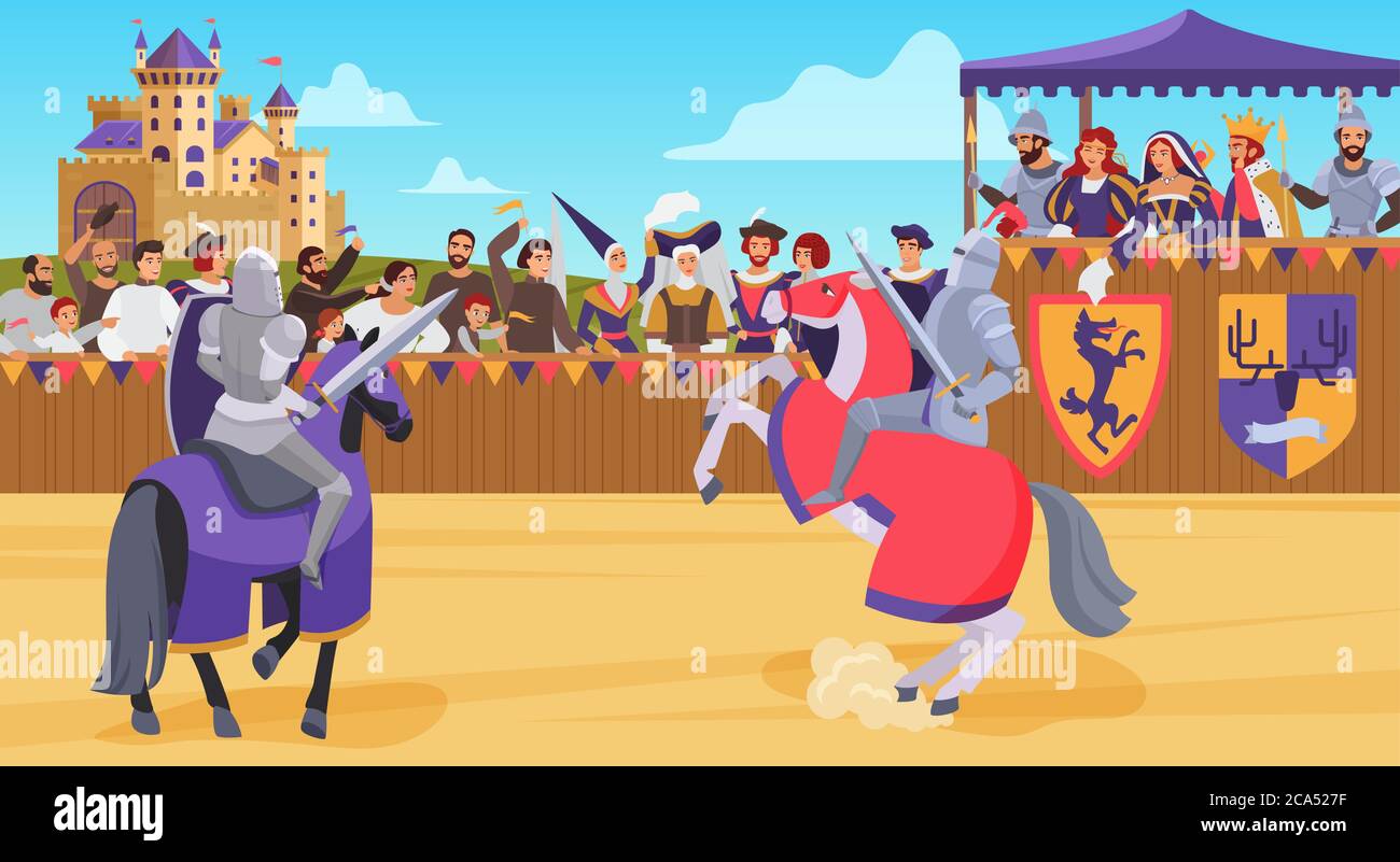 Medieval knight joust battle vector illustration. Cartoon flat horseman hero knight characters jousting with swords and shields on royal battlefield tournament, with king queen on tribune background Stock Vector