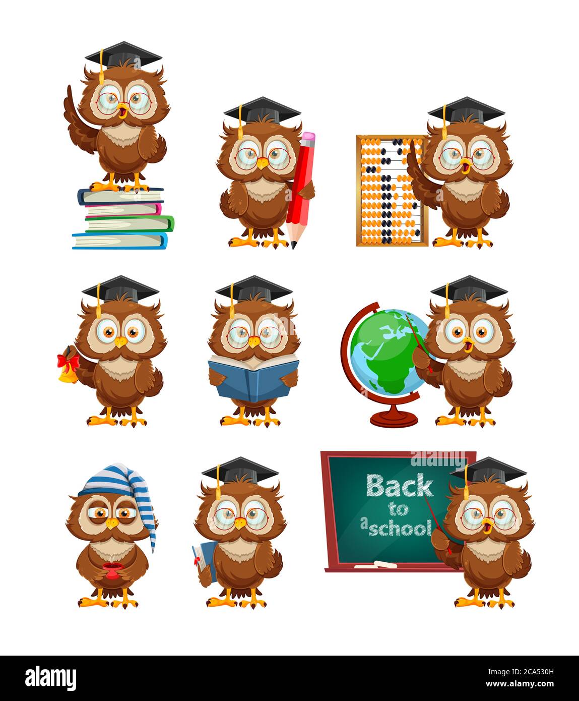 Cute wise owl, set of nine poses. Funny owl cartoon character, back to school concept. Vector illustration Stock Vector