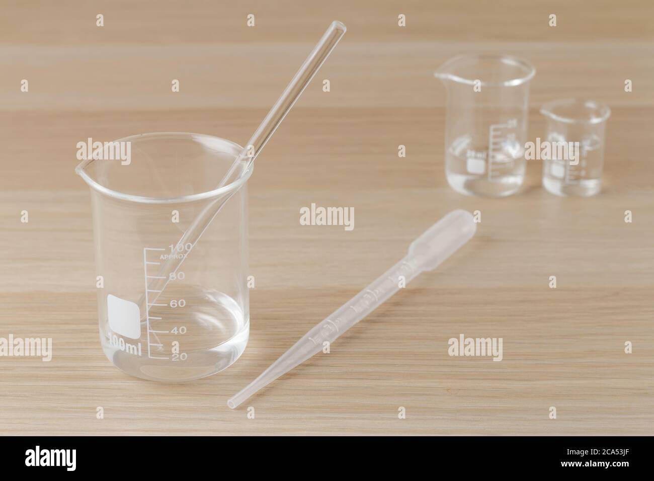 100 ml transparent measuring glass beaker with a glass rod and plastic