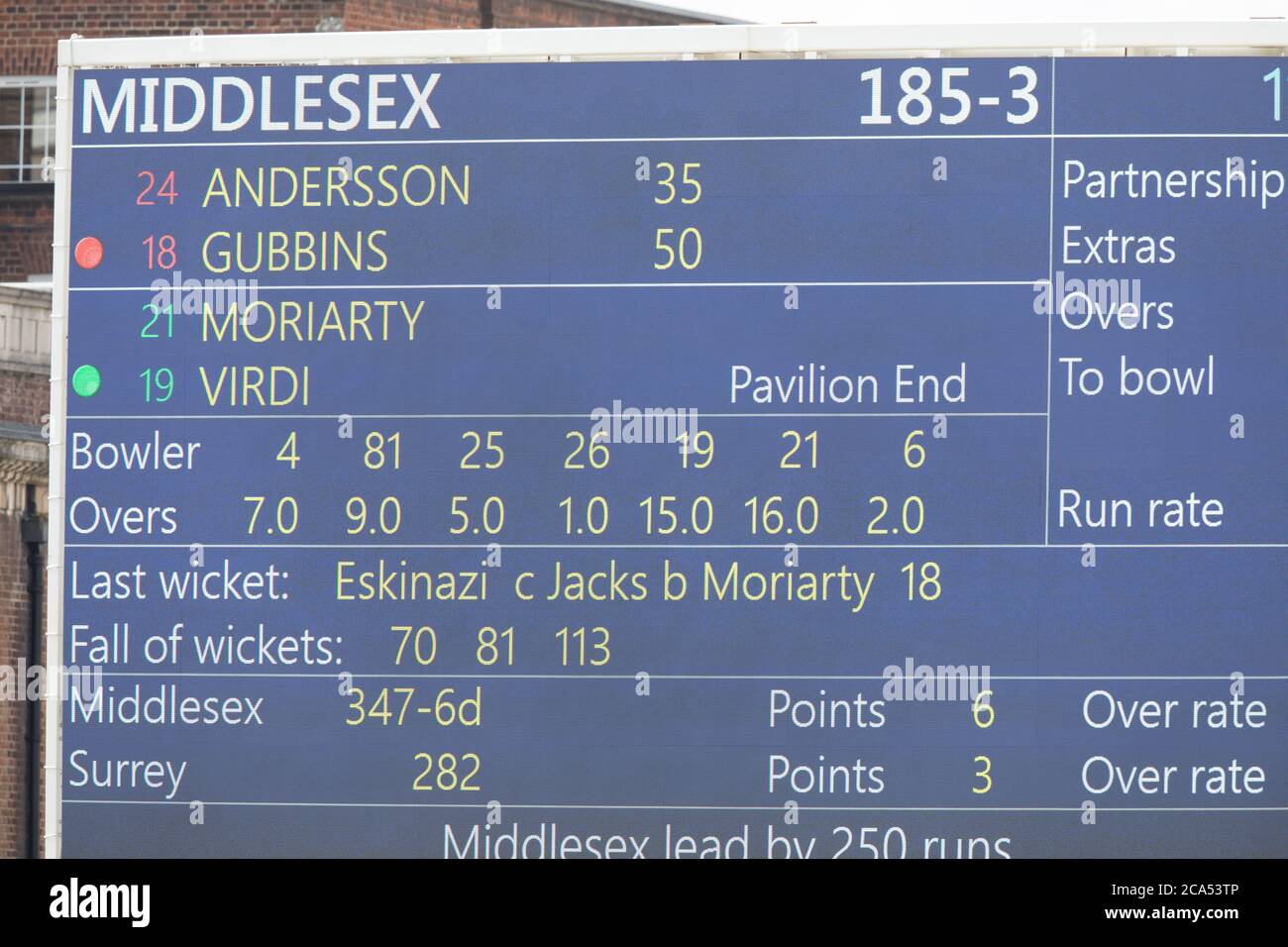 London, UK. 4 August, 2020. as Surrey take on Middlesex on day four of the Bob Willis Trophy game at the Oval. David Rowe/Alamy Live News Stock Photo