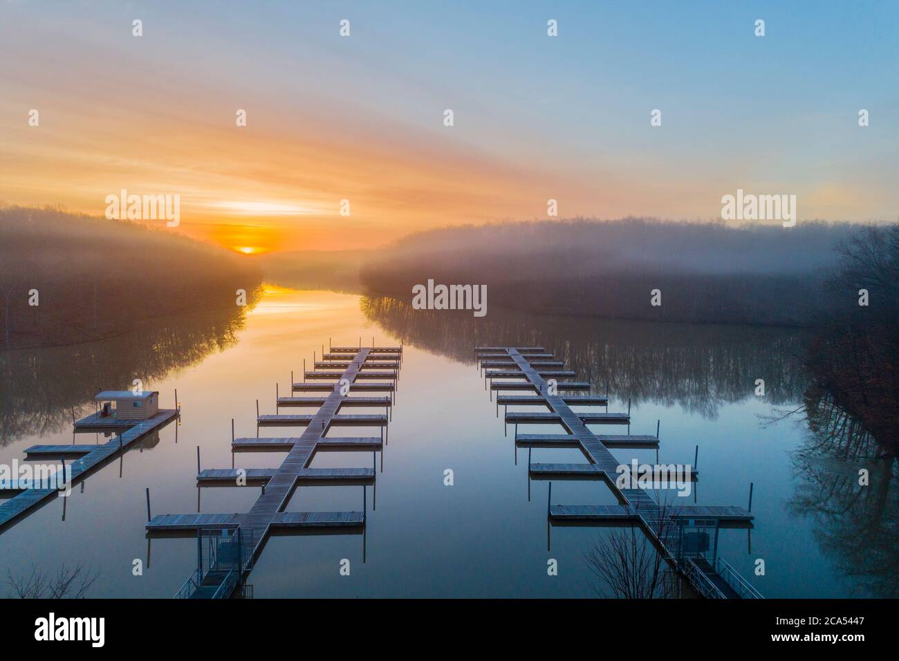 View of sunrise above boast docks, Stephen A. Forbes State Park, aerial view, Marion Co., Illinois, USA Stock Photo
