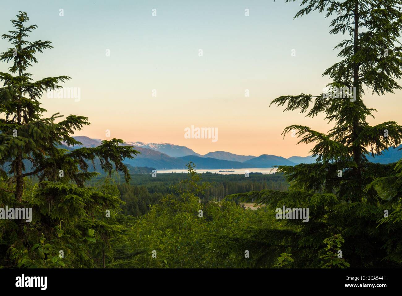 A view of the Douglas Channel at Kitimat from Coghlin Park at sunset, Kitimat, British Columbia Stock Photo