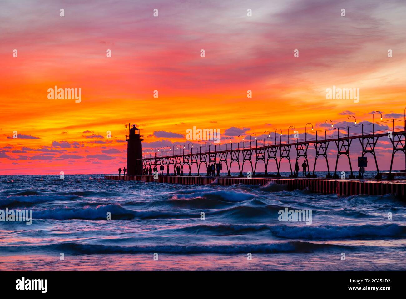 View of lighthouse at sunset, South Haven, Michigan, USA Stock Photo