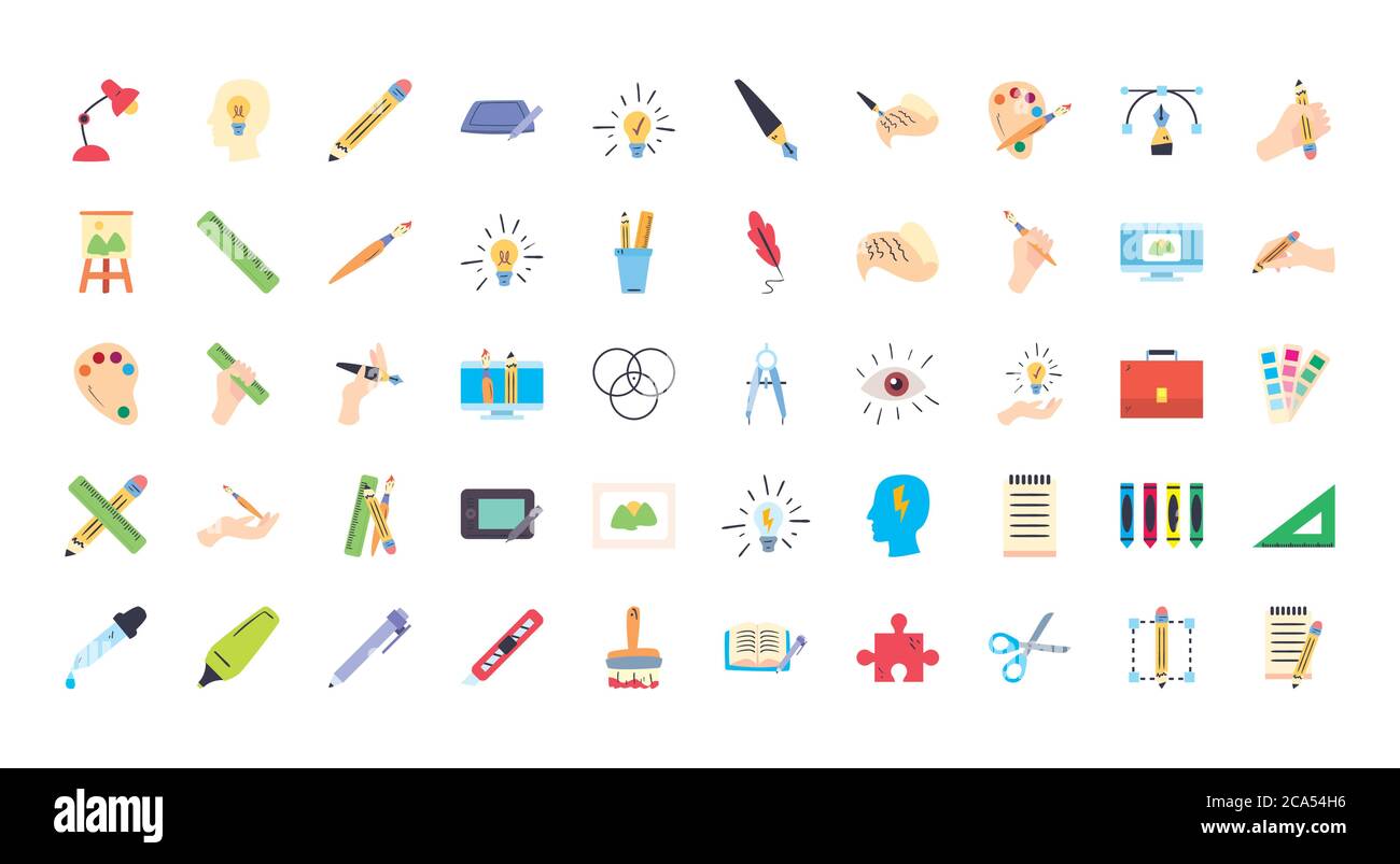 line and fill style icon set design, Art design and creativity theme ...