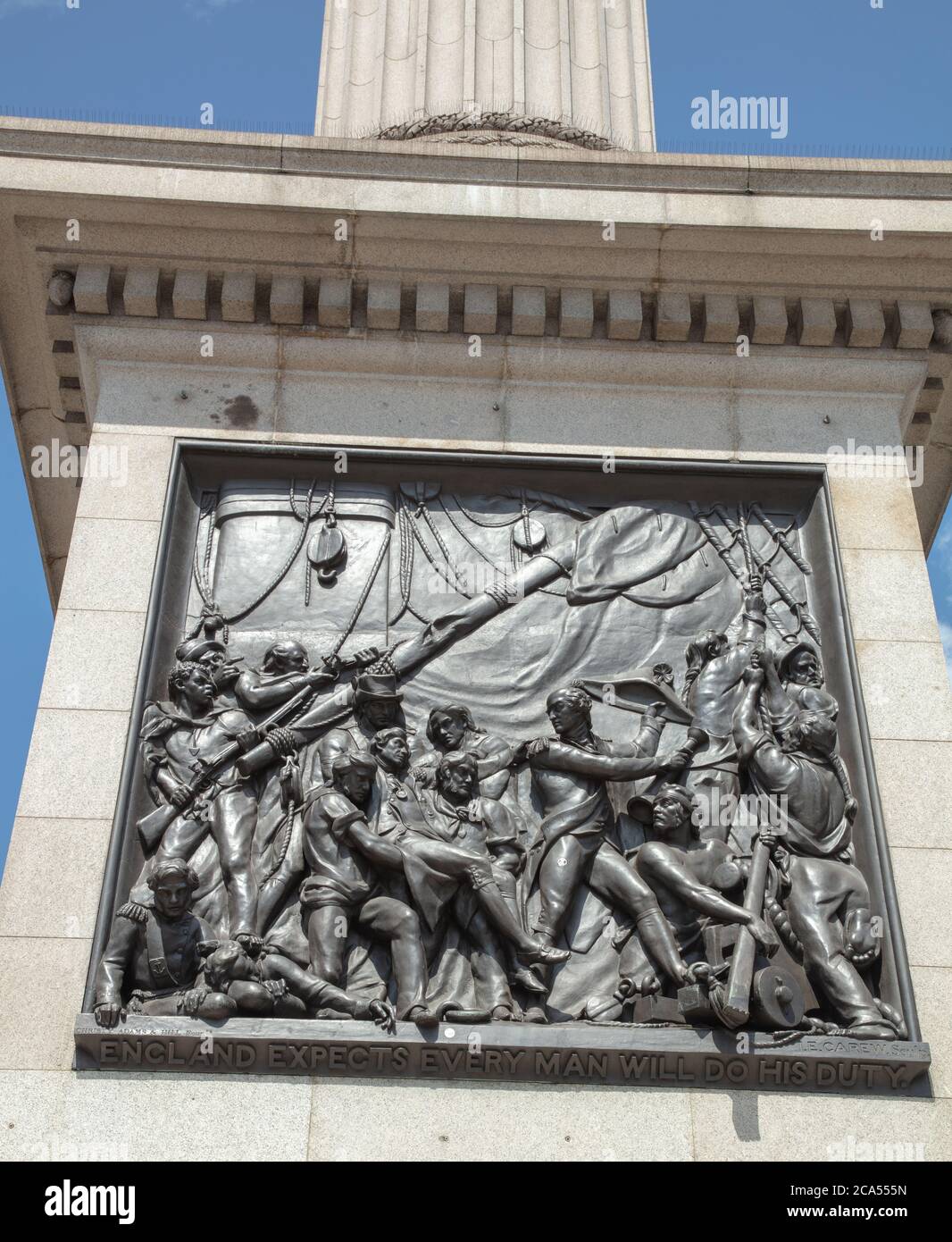 Close-up of Bas Relief of Admiral Horatio Nelson's battle at Trafalgar, seen at the base of Nelsons Column on Trafalgar Square London. Stock Photo