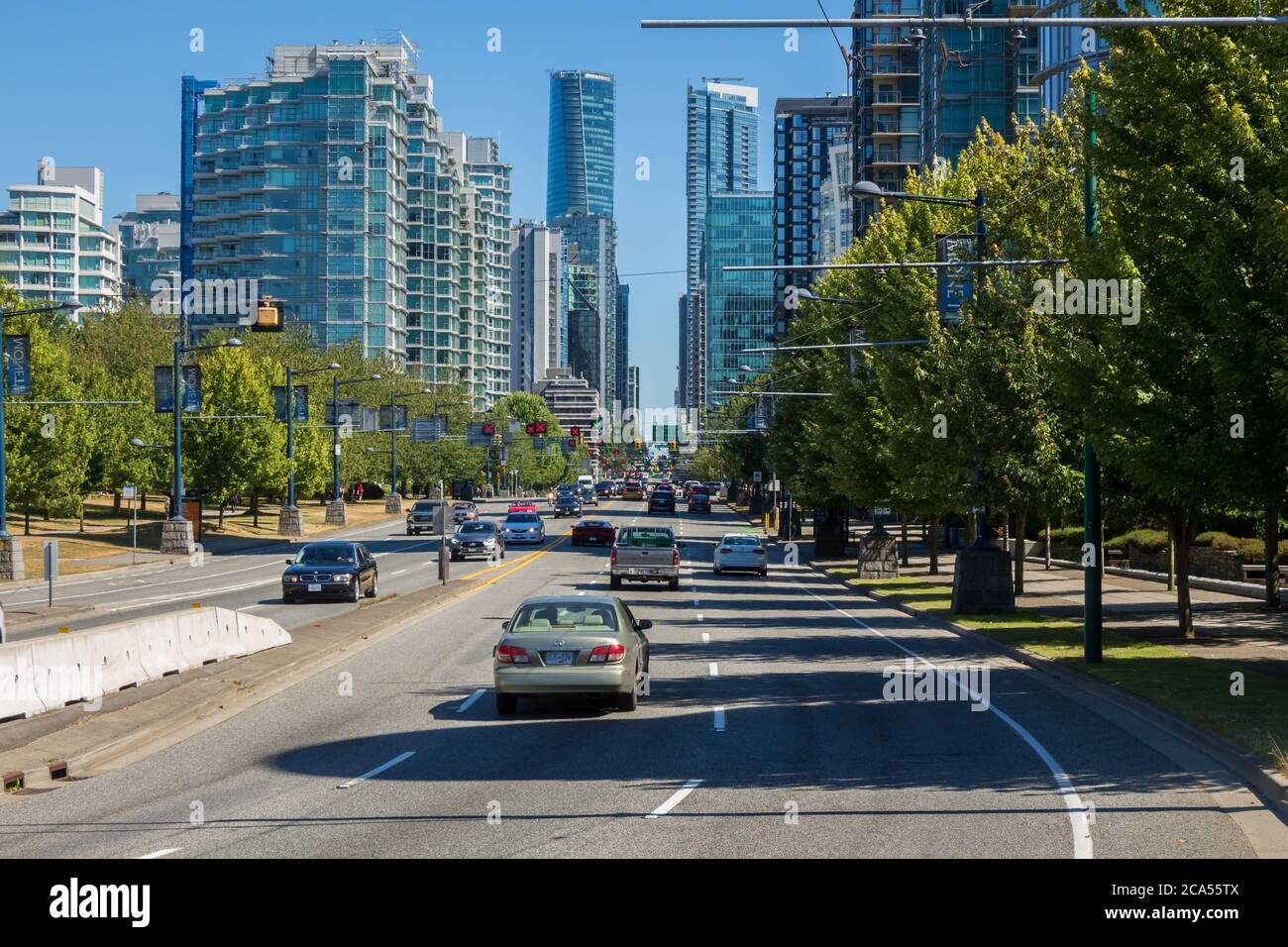 Vancouver, Canada - July 27th 2017: View down highway 99 and West George Street at the entrance to Vancouver from Stanley Park, British Columbia, Cana Stock Photo