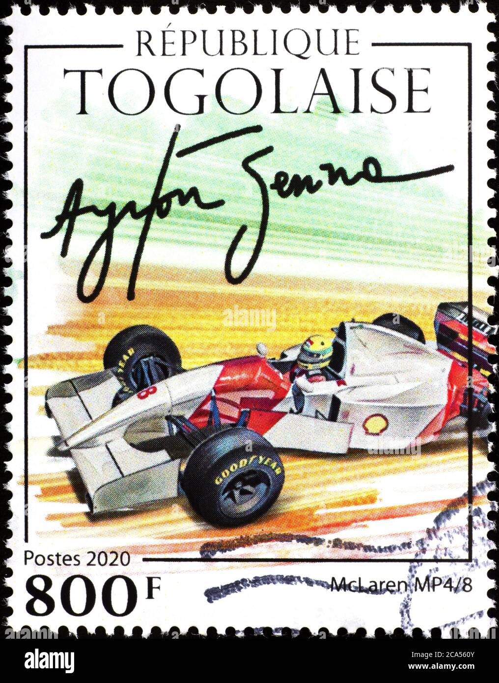 The McLaren driven by Ayrton Senna and his signature on stamp Stock Photo