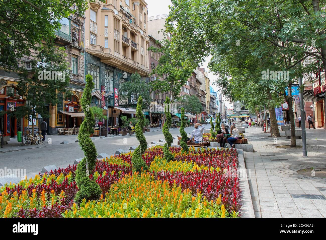 Budapest, Hungary - June 28th 2013: Flower bed on a Budapest street in Summer, Hungary Stock Photo