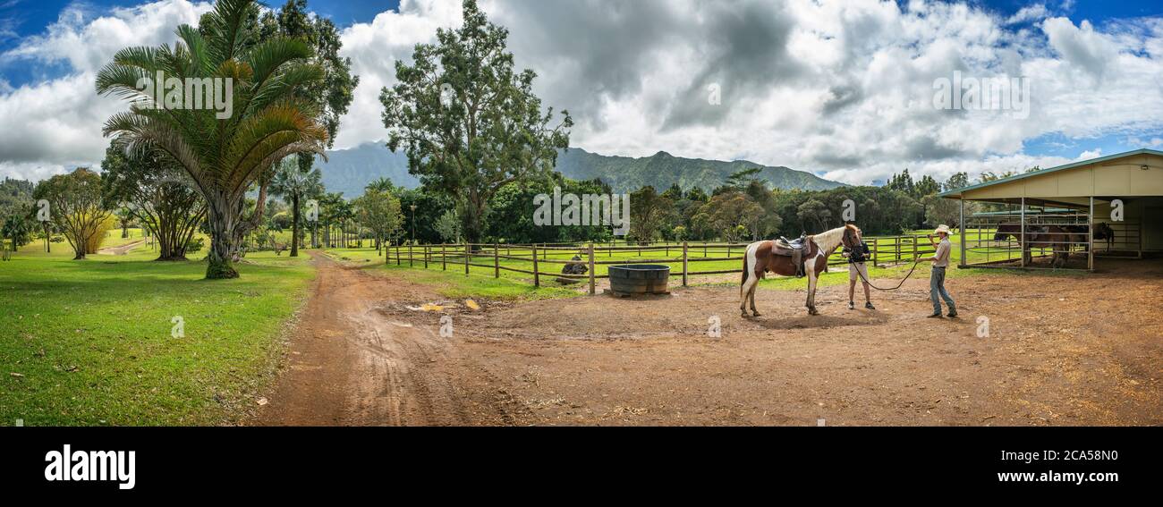 Two men standing with horse outside paddock of Silver Falls Ranch, Kauai, Hawaii, USA Stock Photo