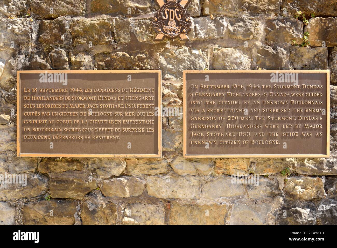 France, Pas de Calais, Boulogne sur Mer, castle and museum, courtyard, plaque commemorating the taking of the Chateau by Canadian Soldiers in 1944 Stock Photo