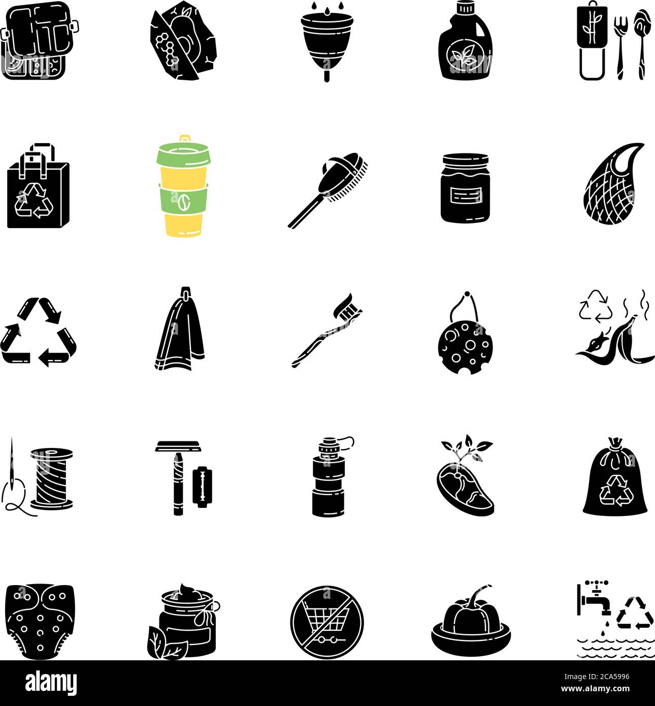Zero waste black glyph icons set on white space. Eco friendly lifestyle ...