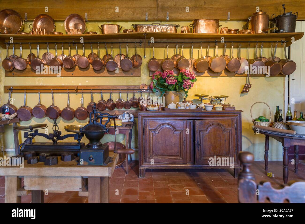 France, Indre et Loire, Loire valley listed as World Heritage by UNESCO, Céré-la-Ronde, Montpoupon castle,the kitchen fitted out in the XIXth century Stock Photo