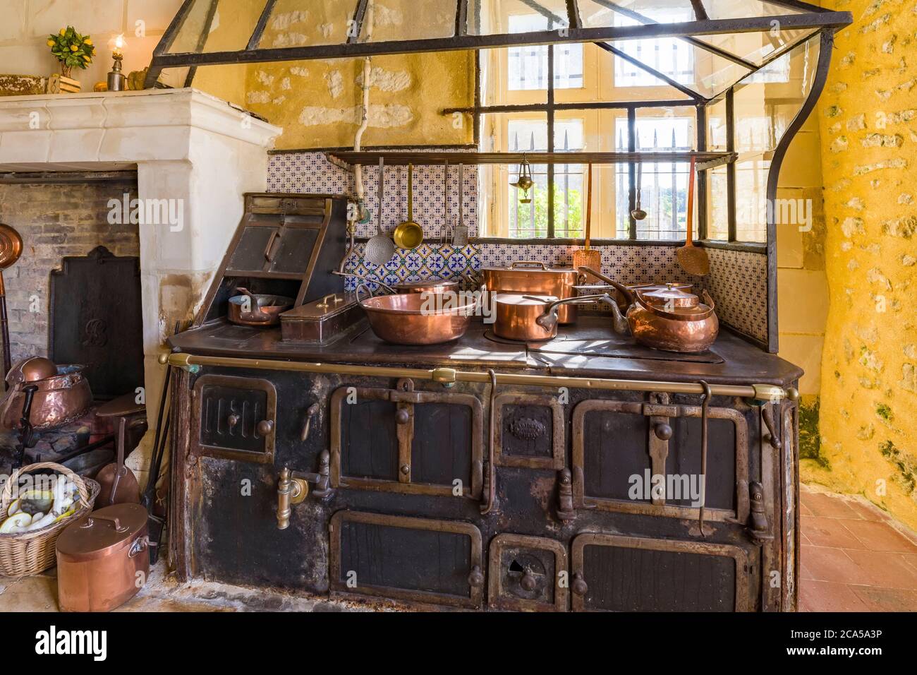 France, Indre et Loire, Loire valley listed as World Heritage by UNESCO, Céré-la-Ronde, Montpoupon castle,the kitchen fitted out in the XIXth century Stock Photo