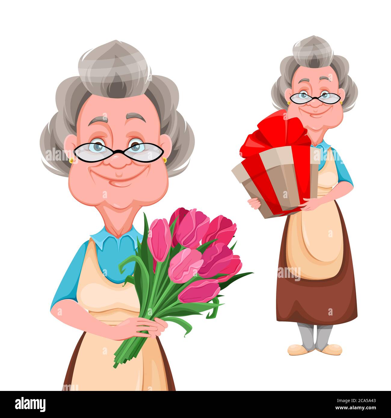 Happy Grandparents day, set of two poses. Cute smiling old woman. Cheerful grandmother cartoon character holding a bouquet of flowers and holding gift Stock Vector