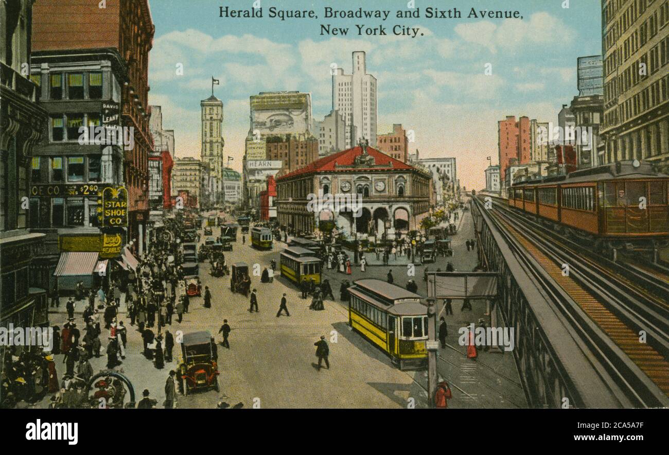Old postcard of Herald Square, Broadway and Sixth Avenue, New York City, New York, USA Stock Photo