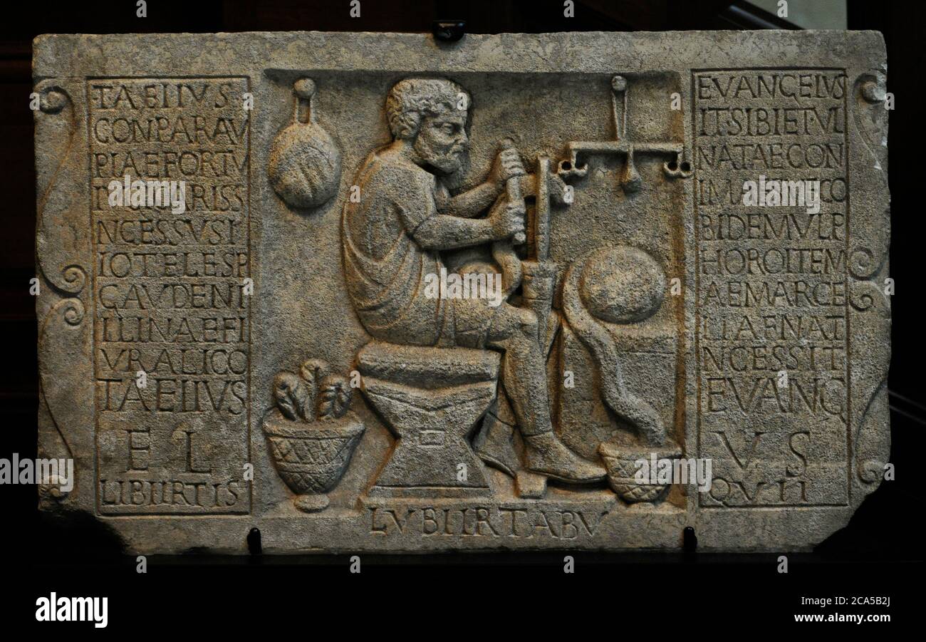 Roman funerary relief depicting a wool merchant. In the inscription appears the name of the deceased, Titus Aelius Evangelus, a freed slave. Marble. Mid 2nd century AD. Probably from Ostia, Italy. Museum of the Mediterranean and Near Eastern Antiquities. Stockholm, Sweden. Stock Photo