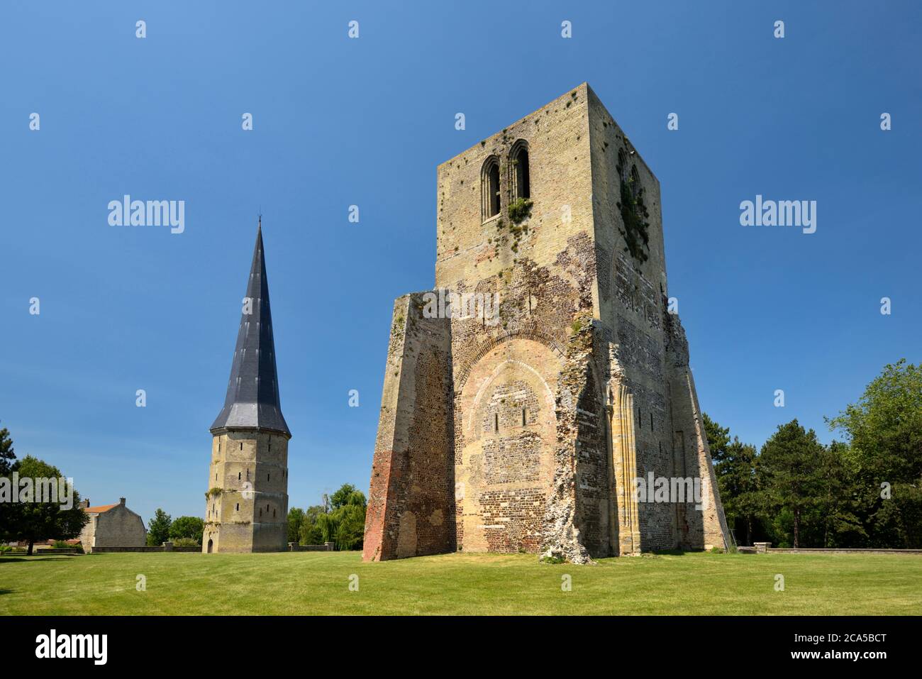 France, Nord, Bergues, tower pointue et tower carree from the 12 century vestige of the Abbey of Saint Winoc destroyed in 1789 Stock Photo