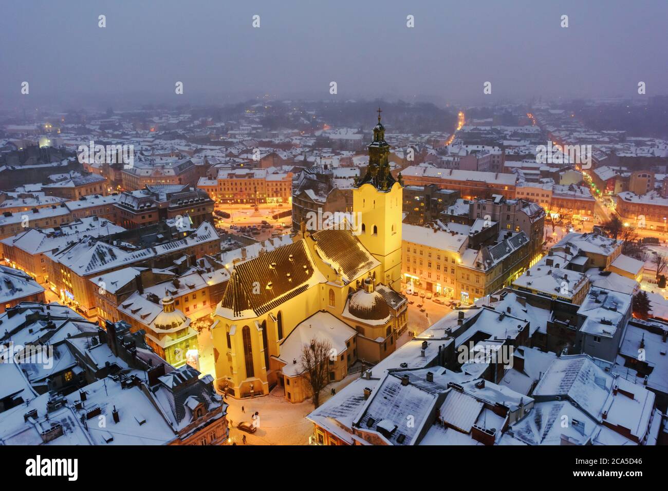 Gorgeus cityscape of winter Lviv city from top of town hall, Ukraine. Landscape photography Stock Photo