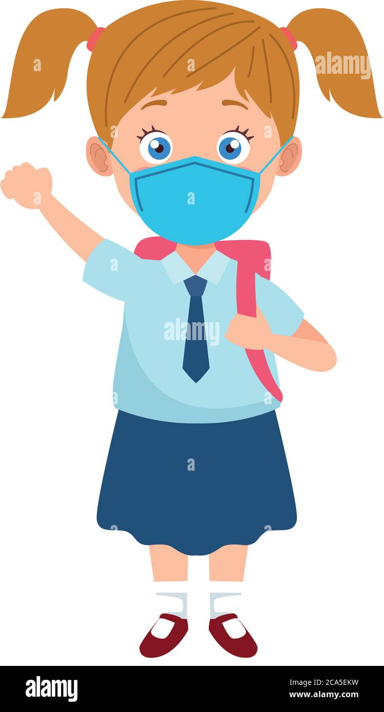 little student girl wearing medical mask character vector illustration