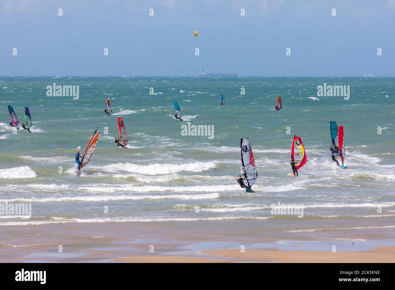 France, Pas de Calais, Wissant, kitesurfing and windsurfing Stock Photo