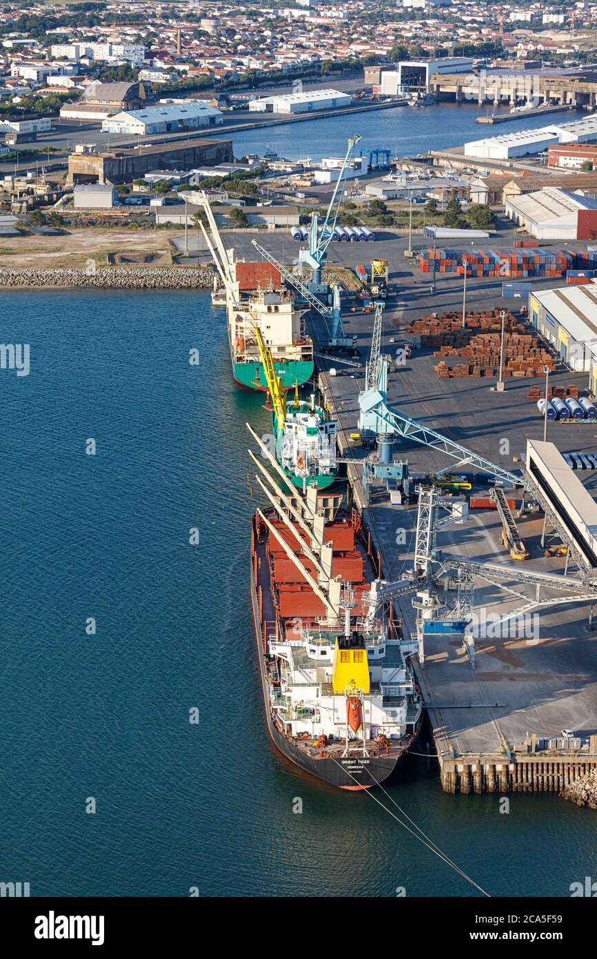 France, Charente Maritime, La Rochelle, cargo vessels in la Pallice harbour (aerial view) Stock Photo
