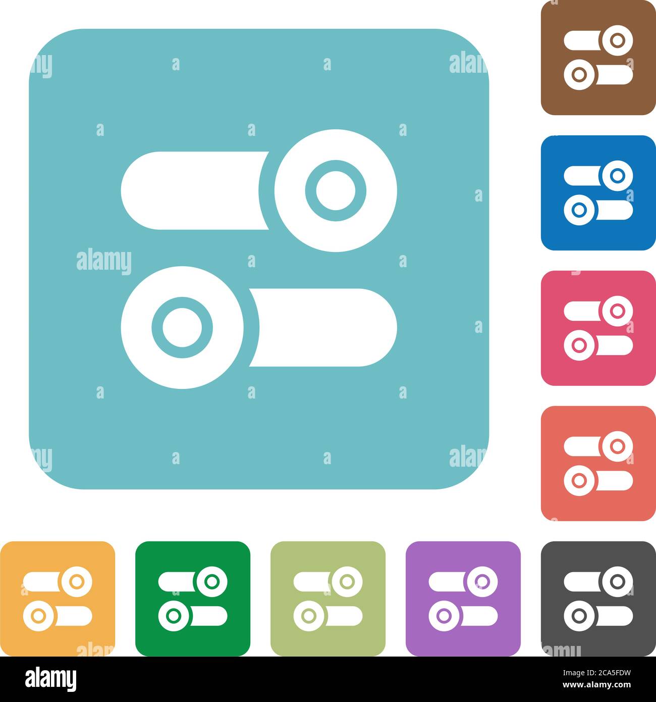 Toggle switches white flat icons on color rounded square backgrounds Stock Vector