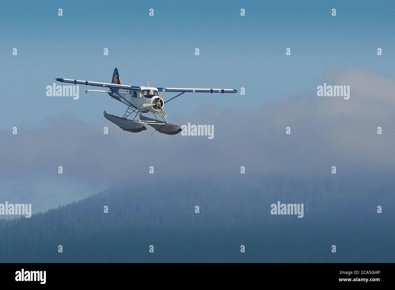 Saltspring Air DHC-2 Beaver Flying Over Remote Canadian Wilderness, British Columbia, Canada. Stock Photo