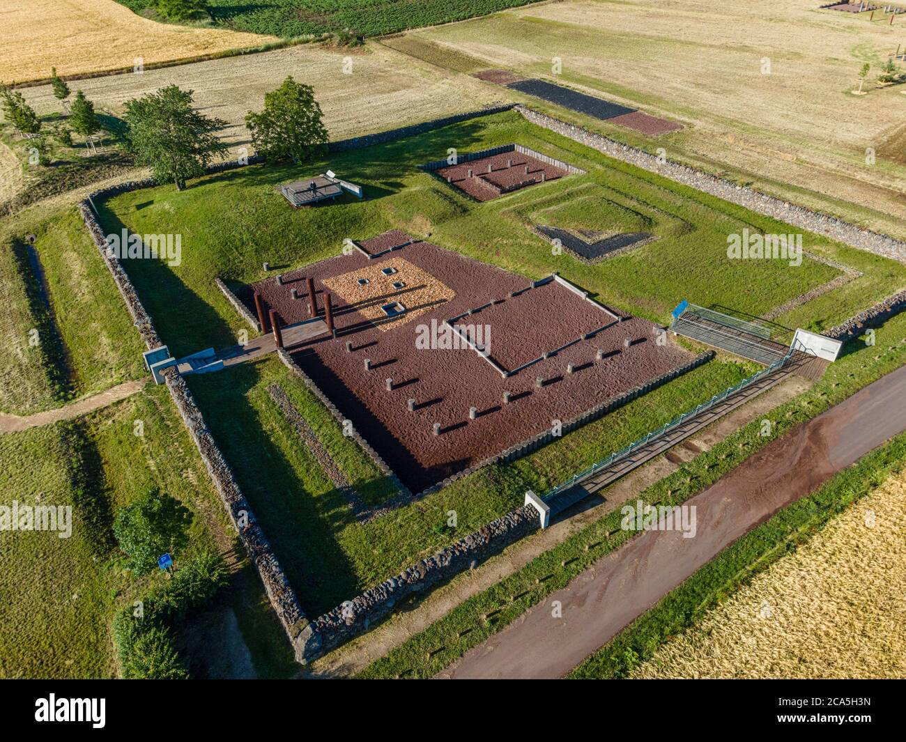 France, Puy de Dome, Corrent, Gaulish oppidum of Corent, settlement on the old Gaulish santuary (aerial view) Stock Photo
