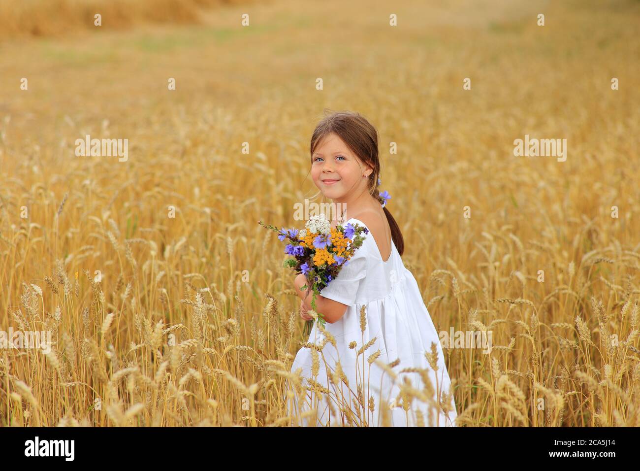 Little girl with a bouquet of wildflowers in her hands in a wheat field ...