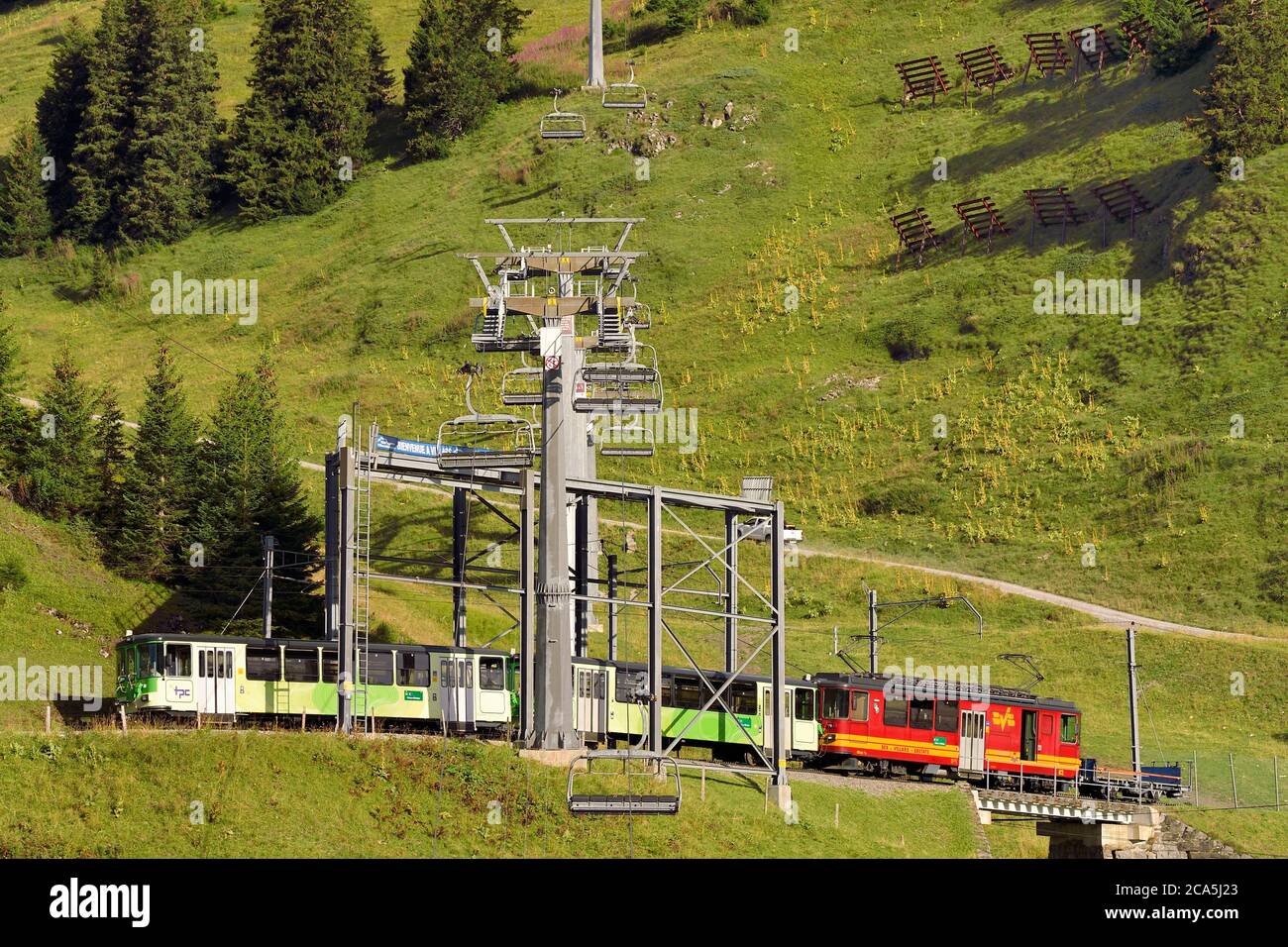Switzerland, Canton of Vaud, Villars-sur-Ollon, train to the Bretaye pass station Stock Photo