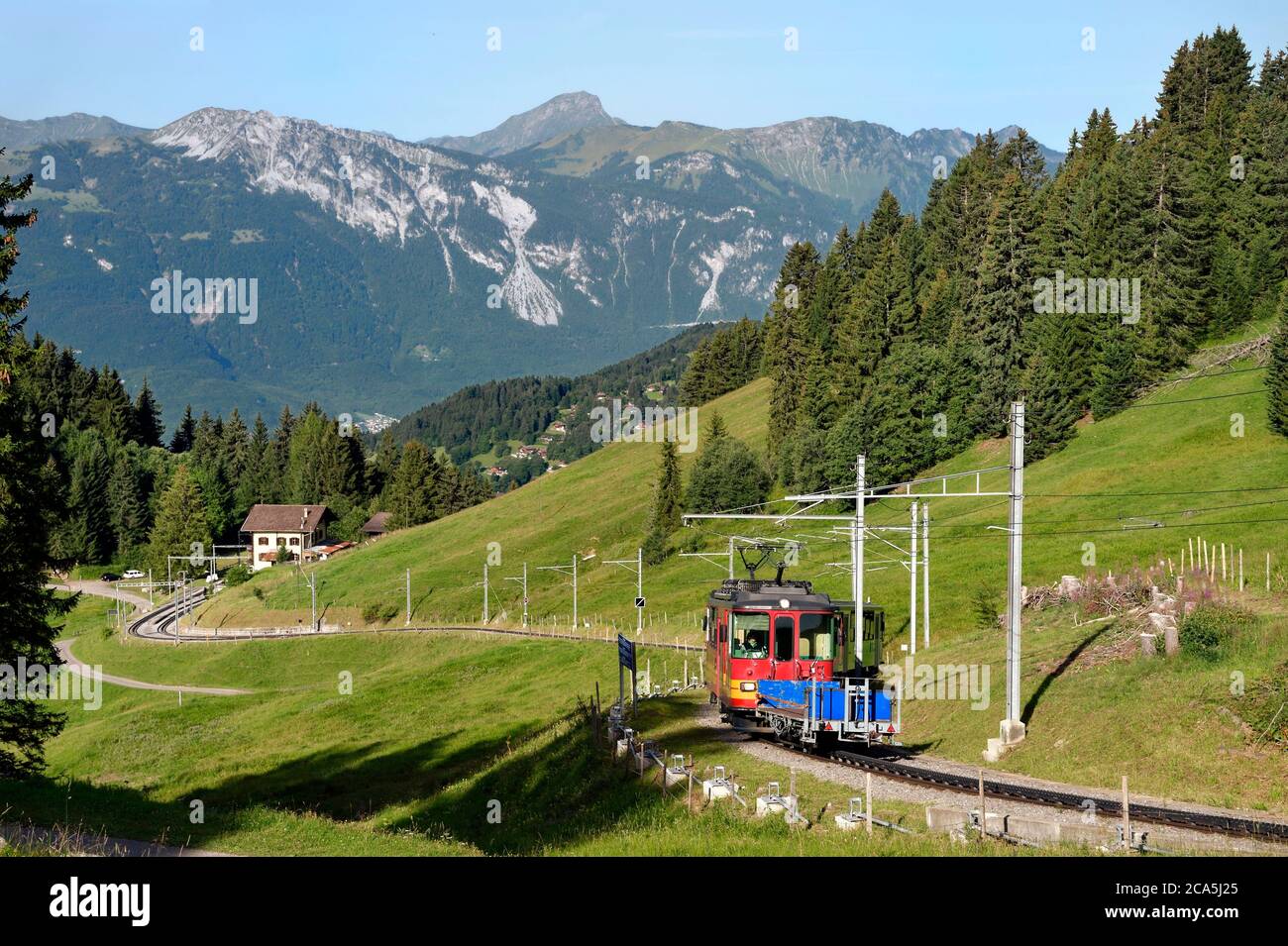 Switzerland, Canton of Vaud, Villars-sur-Ollon, train to the Bretaye pass station, at Col de Soud restaurant Stock Photo