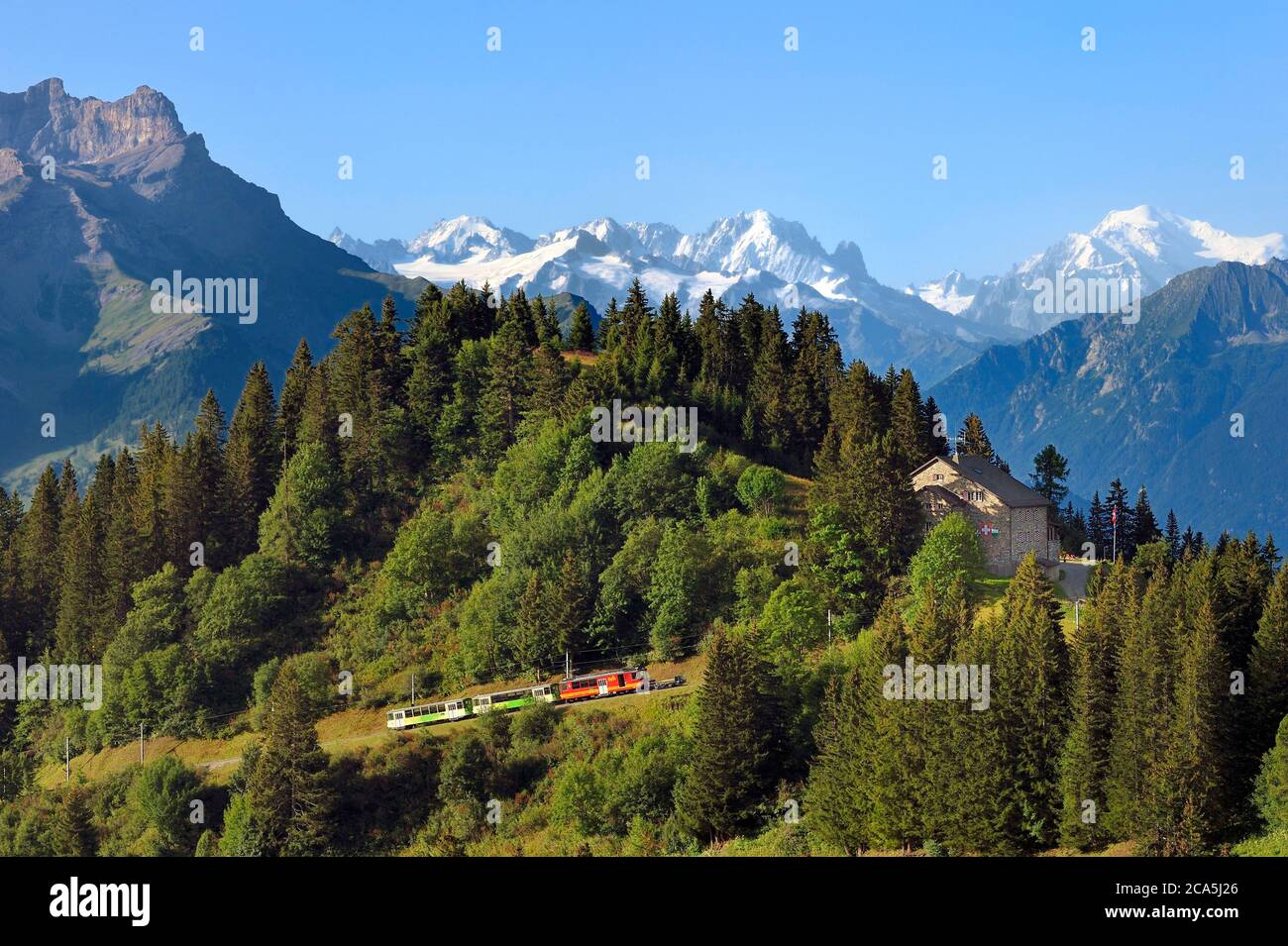 Switzerland, Canton of Vaud, Villars-sur-Ollon, train to the Bretaye pass station at the Bouquetins station and Mont-Blanc in the background Stock Photo