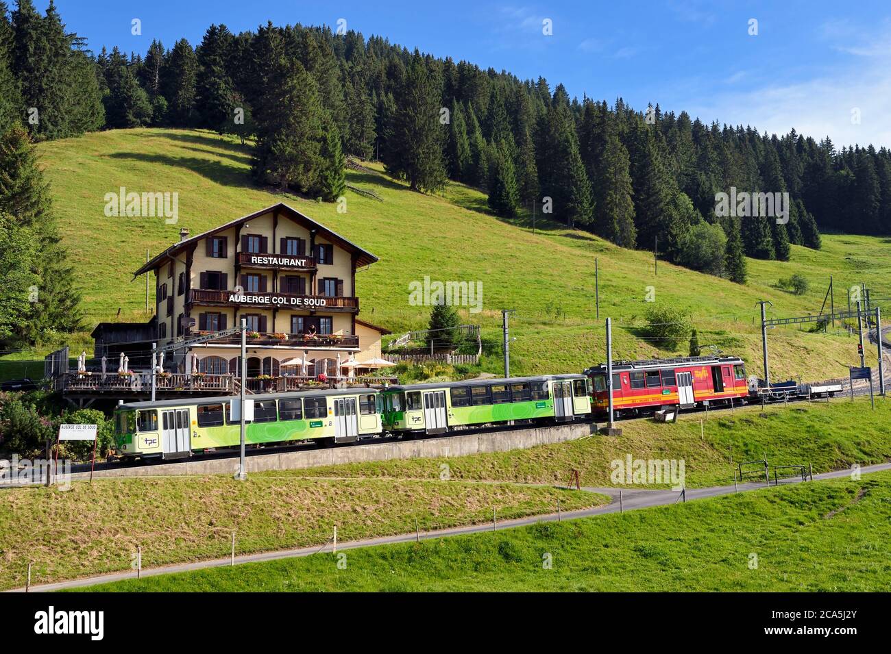 Switzerland, Canton of Vaud, Villars-sur-Ollon, train to the Bretaye pass station, stop at Col de Soud restaurant Stock Photo