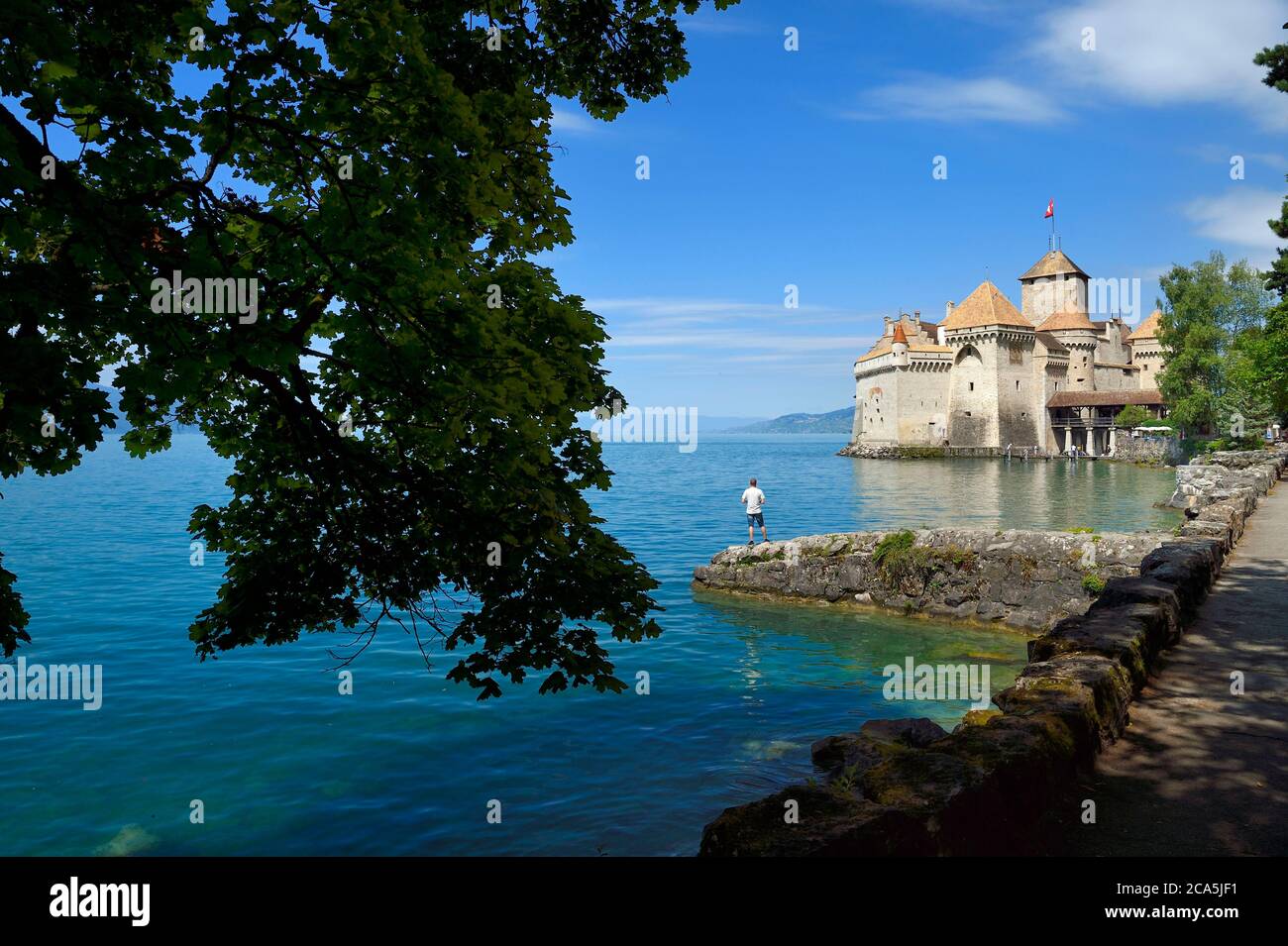 Switzerland, Canton of Vaud, Veytaux, Chillon castle on the shores of Lake Geneva (Lac Leman) Stock Photo
