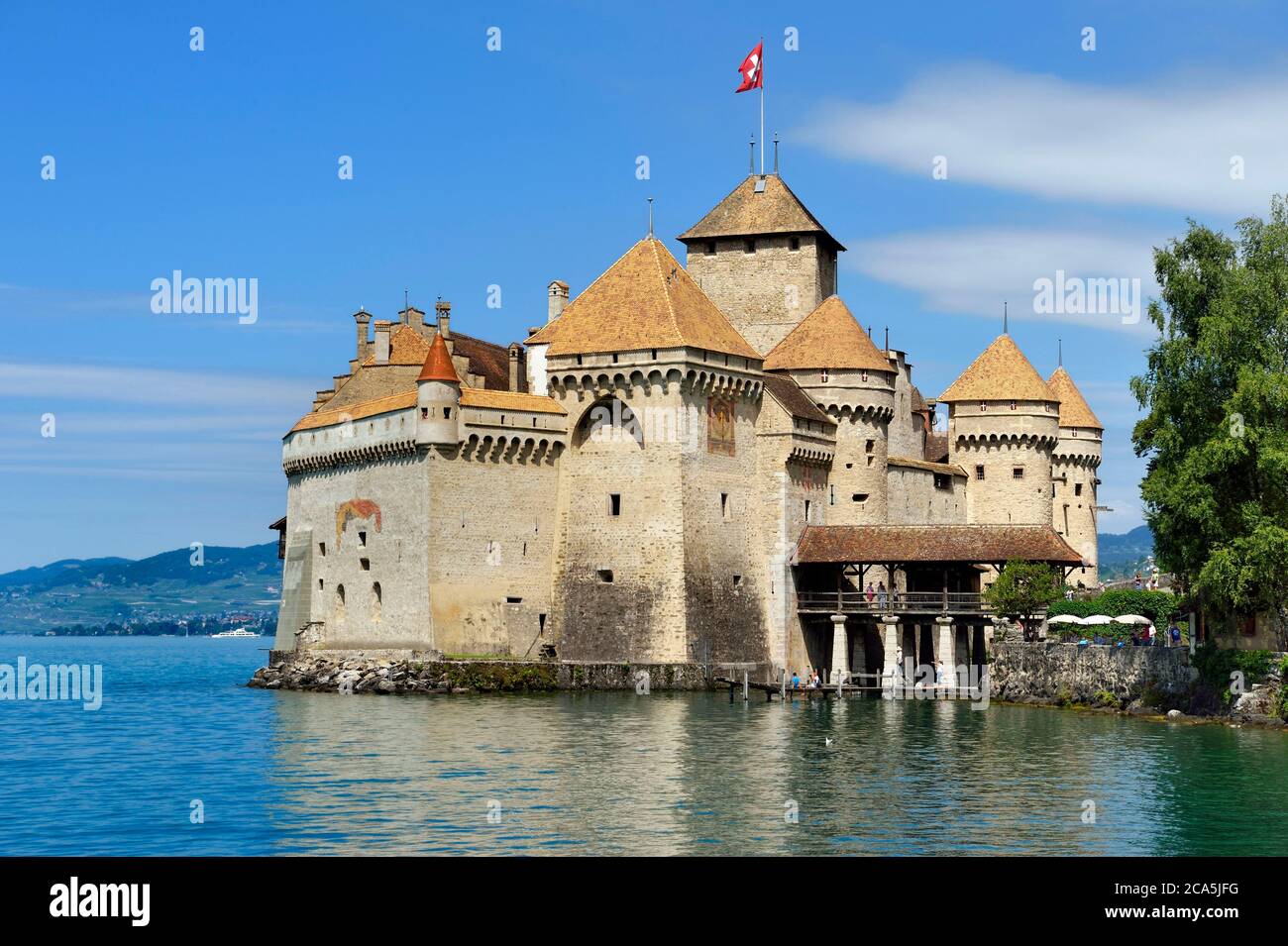 Switzerland, Canton of Vaud, Veytaux, Chillon castle on the shores of Lake Geneva (Lac Leman) Stock Photo