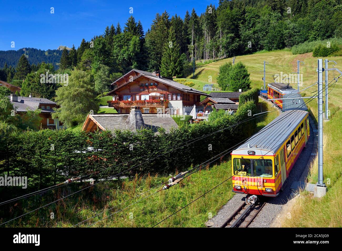 Switzerland, Canton of Vaud, Villars-sur-Ollon, train to the Bretaye pass station Stock Photo