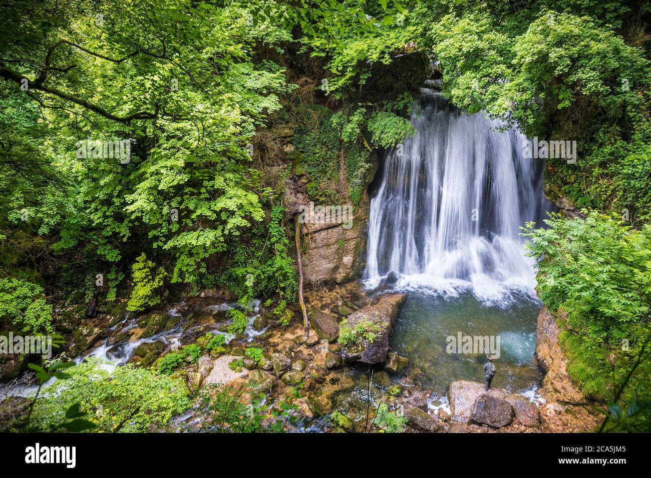 France, Isere, Vercors Regional Park, fisherman in the Furon river at Cuves de Sassenage Stock Photo