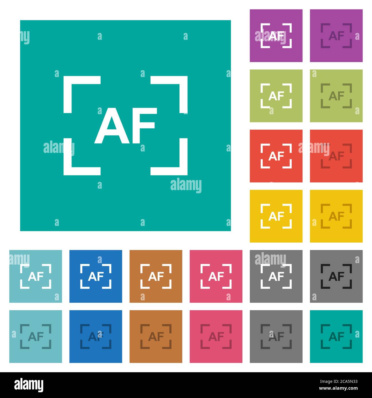 Camera autofocus mode multi colored flat icons on plain square backgrounds. Included white and darker icon variations for hover or active effects. Stock Vector