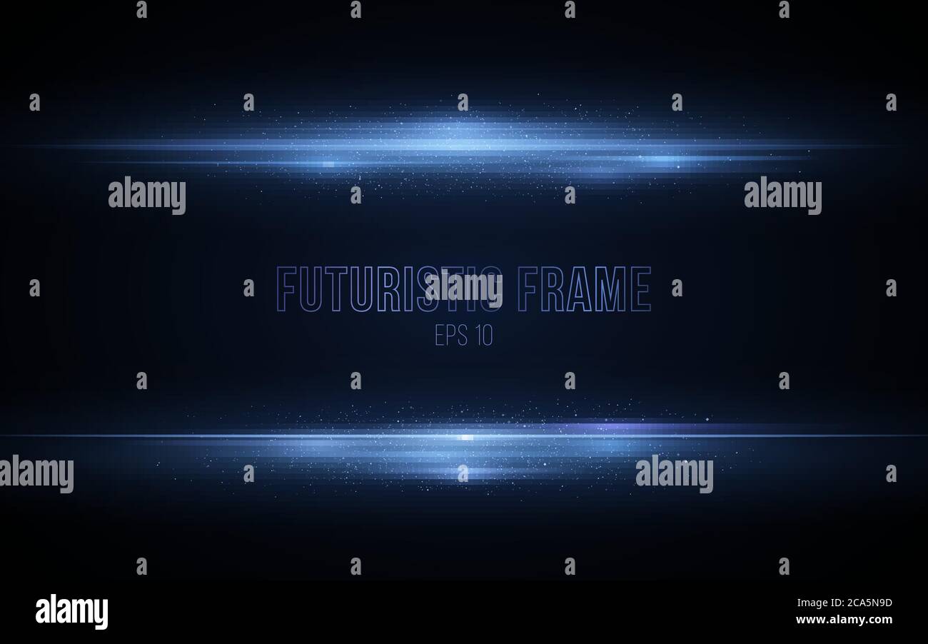Abstract horizontal light frame made of blue glowing neon lines. Vector illustration. Futuristic scanner effect with flying sparkles particles. Footag Stock Vector