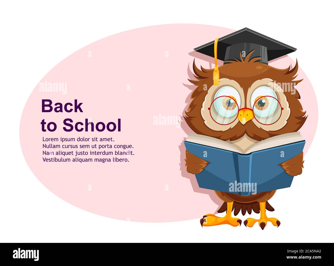 Back to school greeting card with cute wise owl reading book. Funny owl cartoon character. Vector illustration Stock Vector