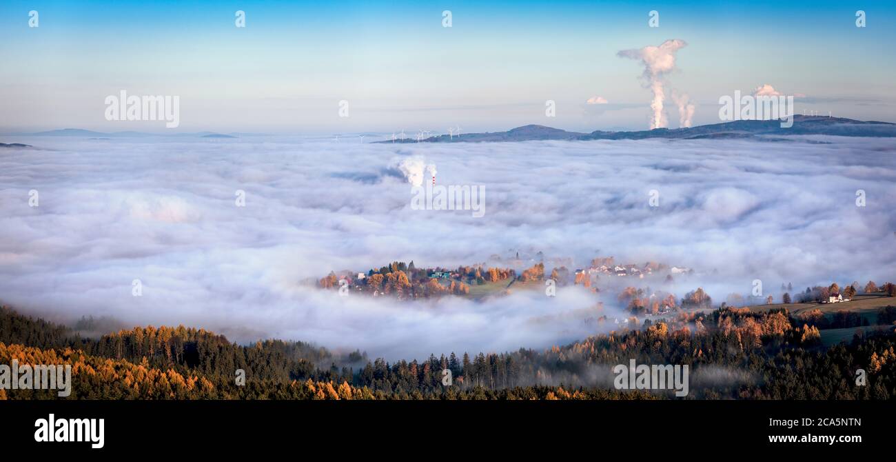Sunrise over Liberec, view from viewpoint Cisarsky kamen, Jested mountain, Czech Republic. Stock Photo