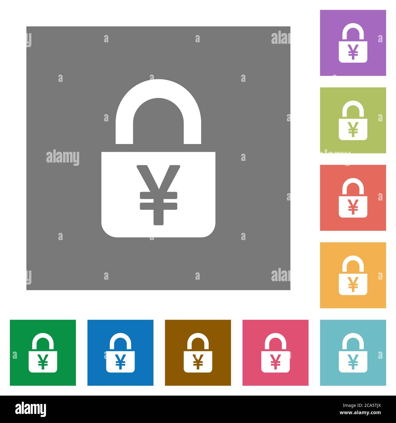 Locked Yens flat icons on simple color square backgrounds Stock Vector