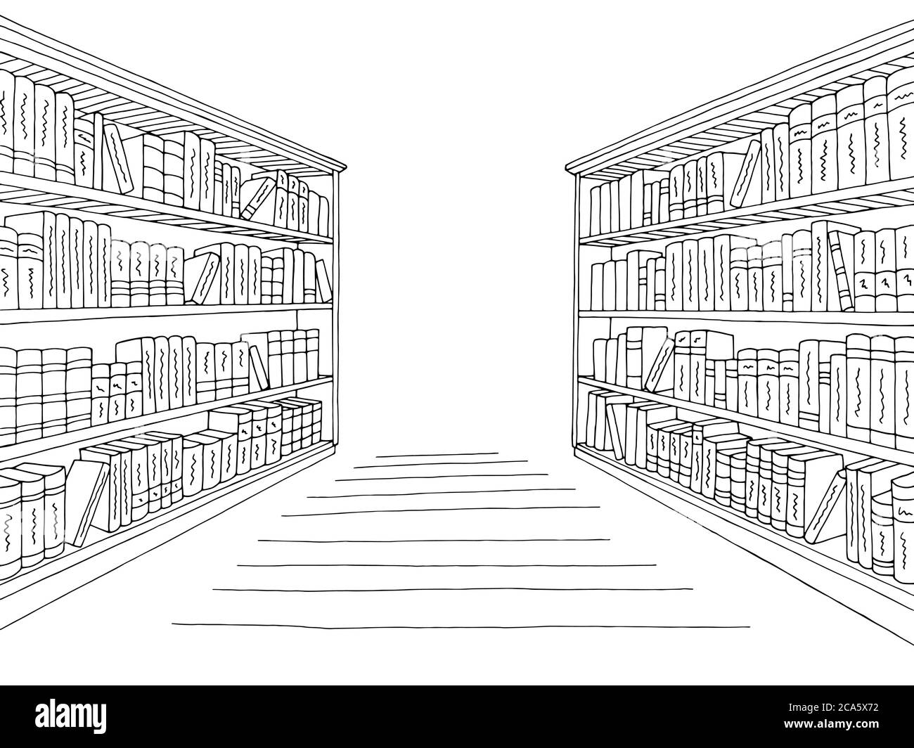 Library shelf graphic black white interior sketch illustration vector