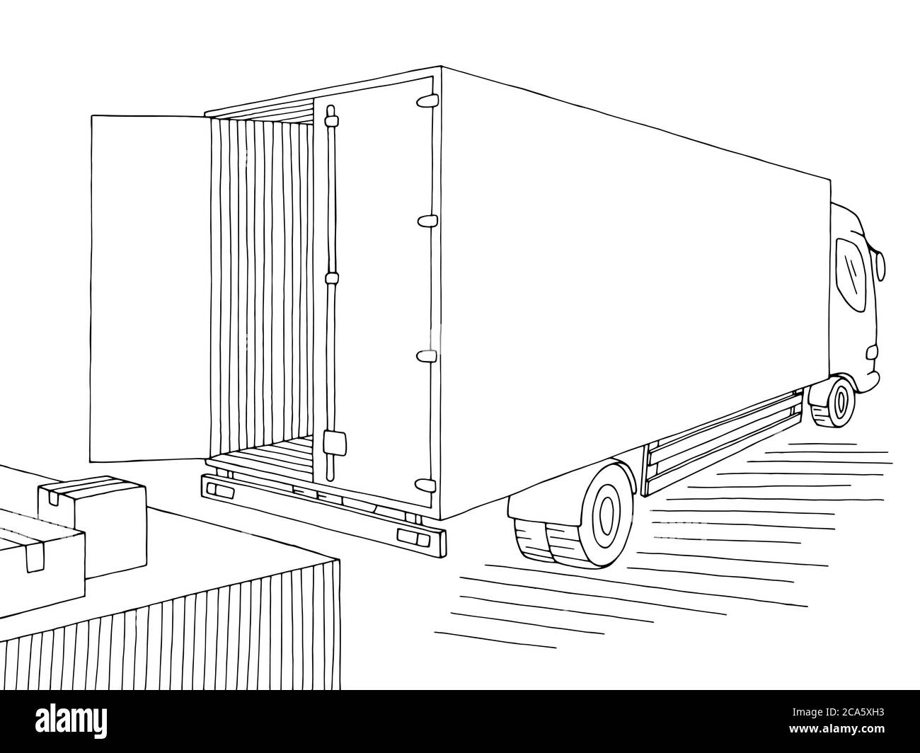 Truck unloading in the stock black white sketch illustration vector Stock Vector