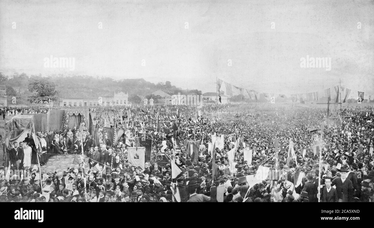 Open mass on 17 May 1888 commemorating the abolition of slavery. Princess Isabel and her husband can be seen under a canopy to the left. Brazilian Princess Isabel of Bragança signed Imperial Law number 3,353. Although it contained just 18 words, it is one of the most important pieces of legislation in Brazilian history. Called the “Golden Law,” it abolished slavery in all its forms Stock Photo