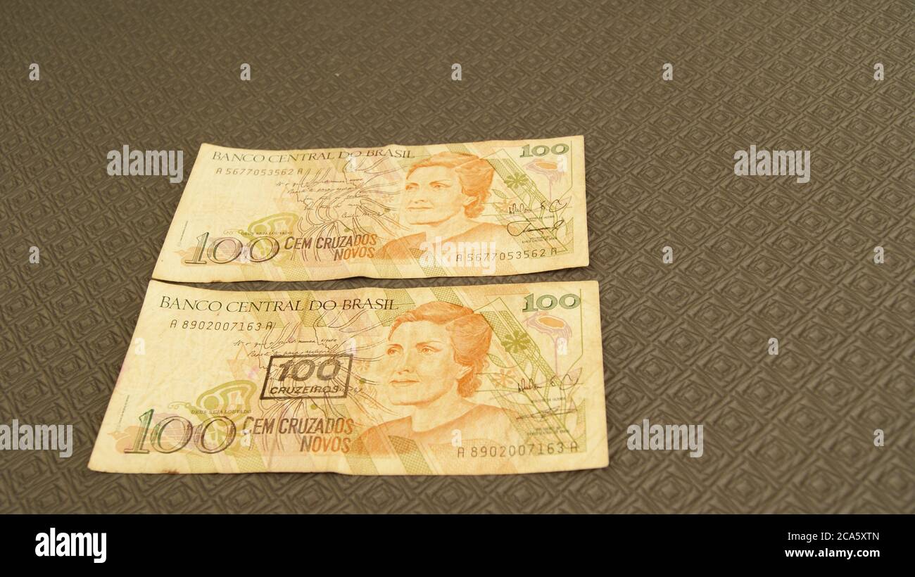 paper money and coins from brazilian banks, cash out of circulation, Brazil, South America Stock Photo